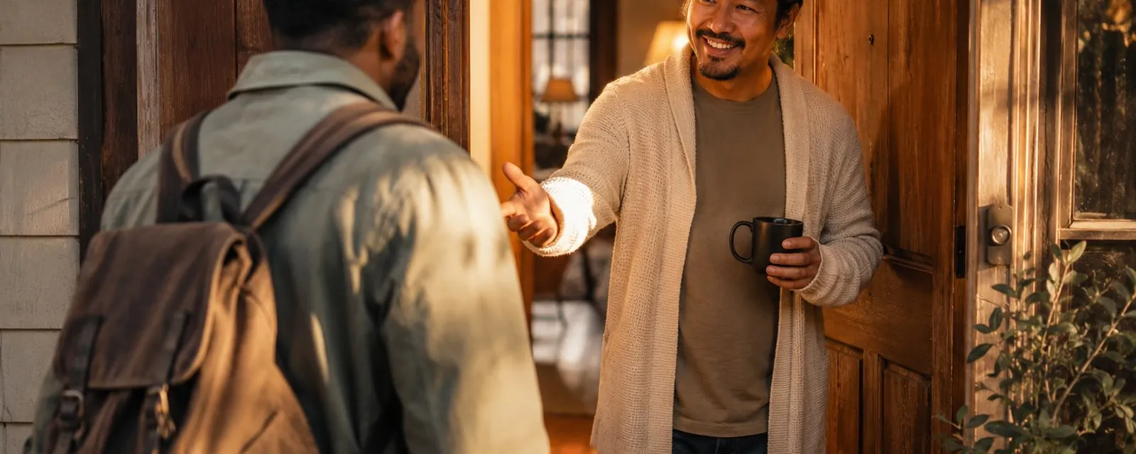 A man warmly reaching out to greet a visitor at his front door, a mug of coffee in hand, in warm evening light.