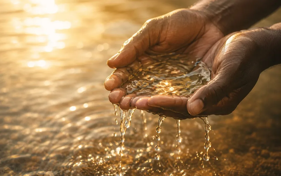 Cupped hands holding water lit gold by the sun — the water, given away.